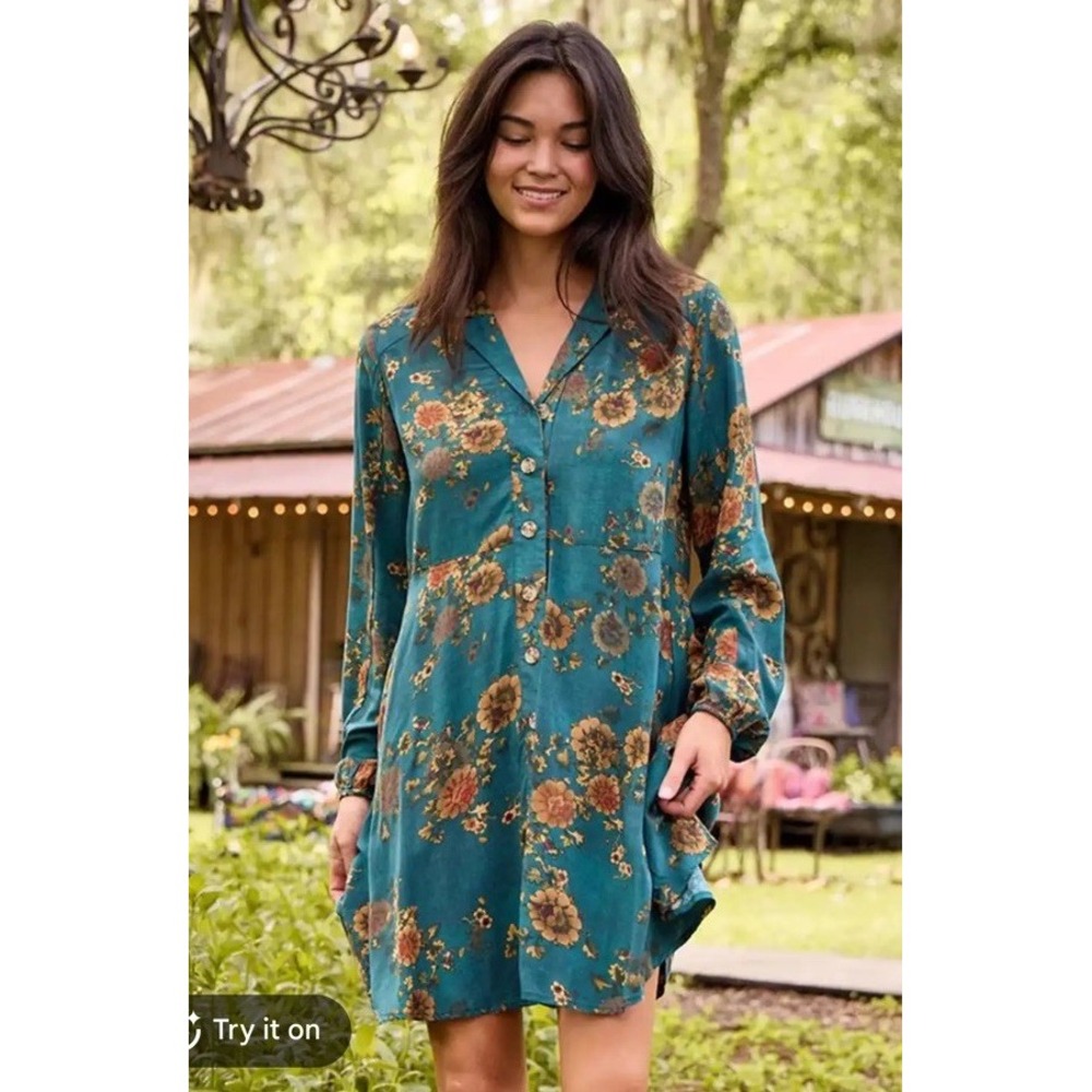 Natural Life Rebecca Mini Dress - Teal Orange Clusters Babydoll Fall Floral XL